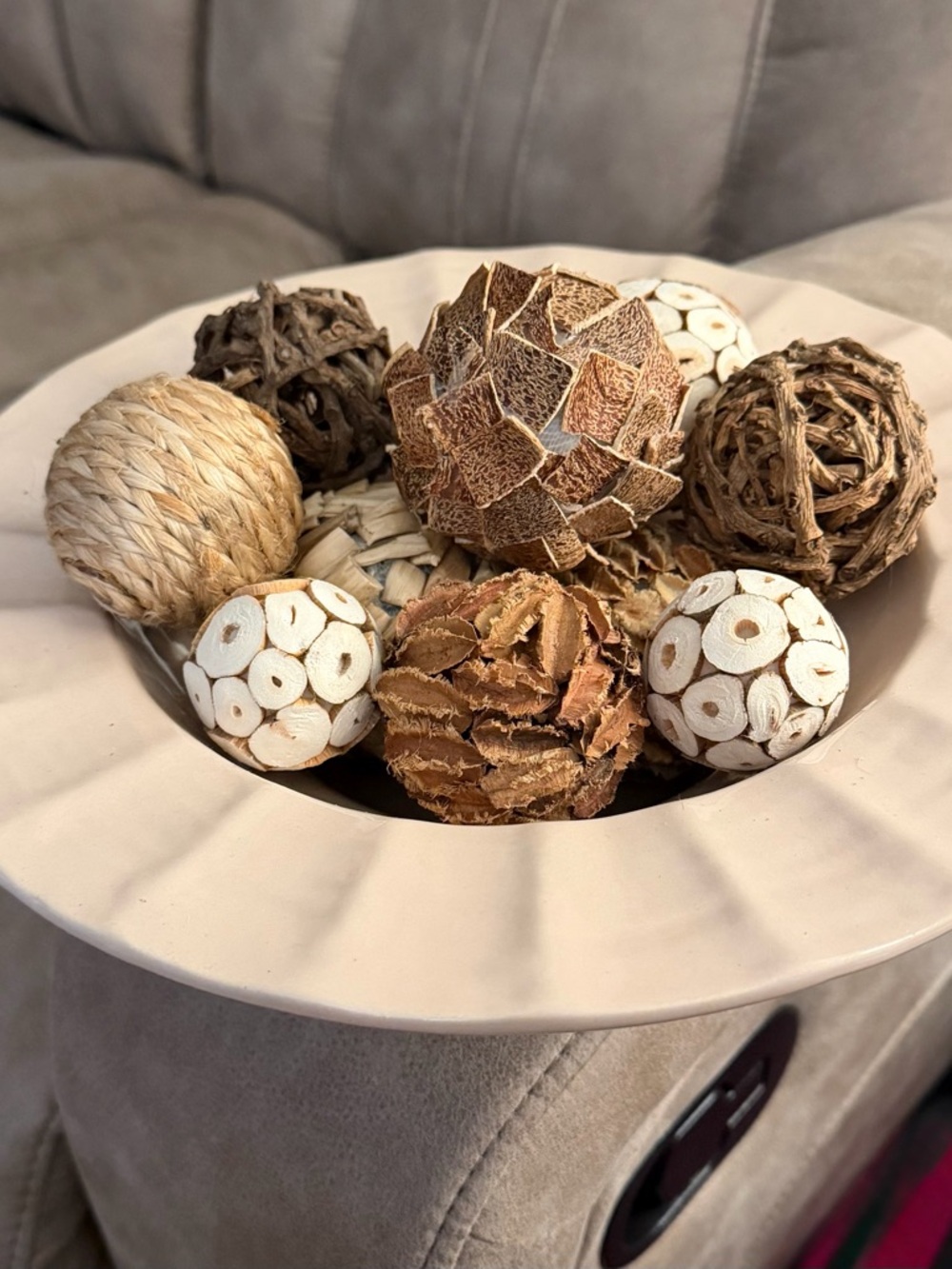 Natural Decorative Bowl with Assorted Textured Accent Balls - Neutral Tones